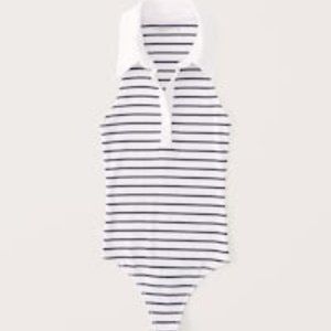 A&F Ribbed Polo Bodysuit - White Stripe Navy/Black - Size Large - NWT